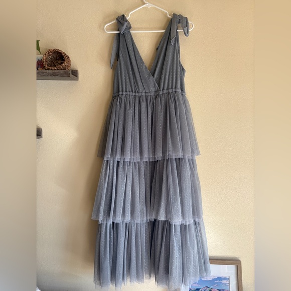 In Loom Gray Blue Tulle Tiered Midi Dress - Picture 2 of 11